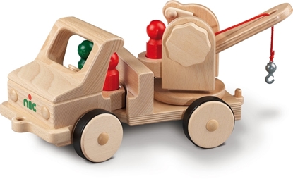 Volledig functionerend houten speelgoed takelwagen met metalen haak.