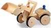 Chargeur sur pneus jouet en bois avec roues recouvertes de caoutchouc et godet en position élevée.
