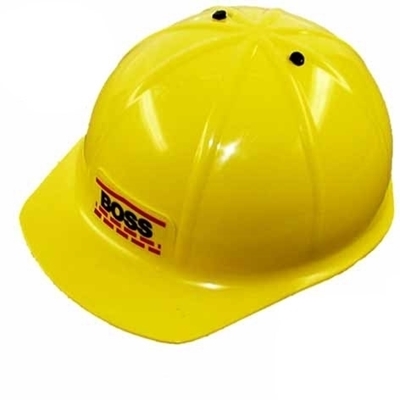 Gele plastiek bouwvakker helm voor kinderen. Op de voorkant van de kinderbouwhelm staat boss geschreven.