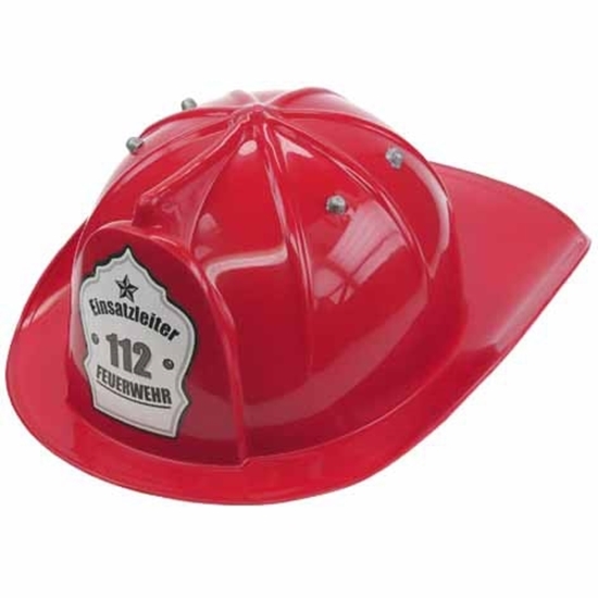 Rode plastiek brandweerhelm voor kinderen. Op de voorkant staat 112, Einsatzleiter en Feuerwehr