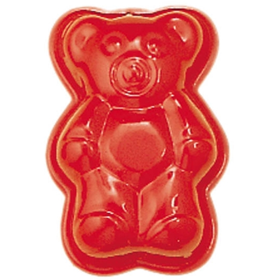 Rood gelakt metalen zandvormpje in de vorm van een beer.