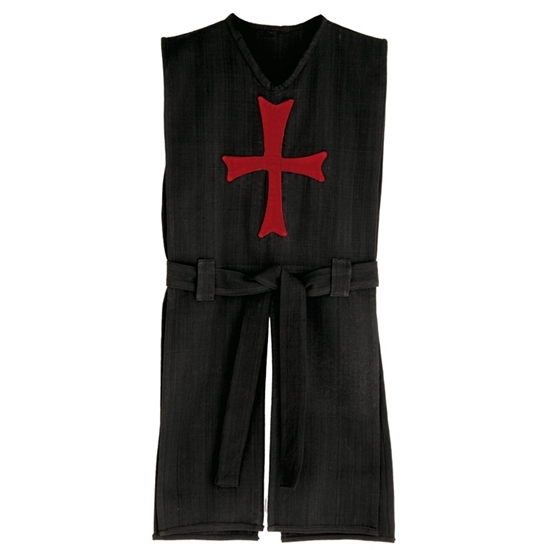 Lang zwart ridderkleed met rood kruis op de borst, van zuiver katoen met zwarte gordel in dezelfde stof.