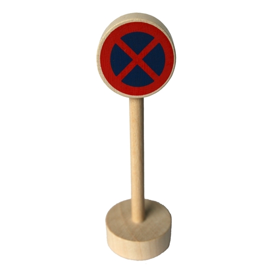 Om met de autootjes te spelen: ronde houten sokkel met houten paal en blauw rond paneel met rood x-kruis om het stationeren te verbieden.