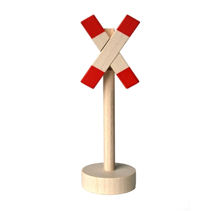 Houten verkeersteken onbewaakte spoorweg om met autootjes te spelen. Houten ronde sokkel met houten paal en wit en rood x-kruis.