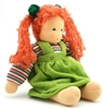 Sitting Nanchen doll Wolke with blue eyes, red hair, striped sweatshirt and green gown.