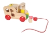 Wooden pull along taxi with open hood and in the walls holes with different shapes. Inside the hood and in front of the wooden car are several little wooden blocks with different colors and different shapes.