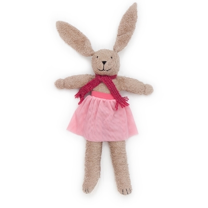 Knuffel haasje ballerina in licht bruin bio katoen met lange oren, roze tutu en donkerroze sjerp