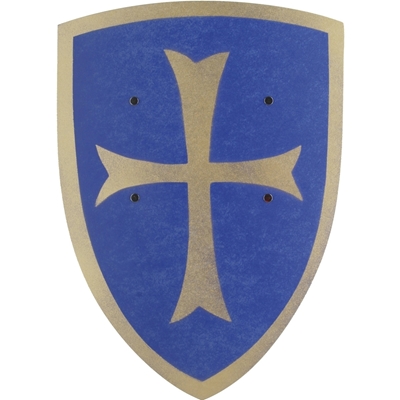 Groot blauw ridderschild met zilveren tempelierkruis en zilveren rand in gebogen hout.