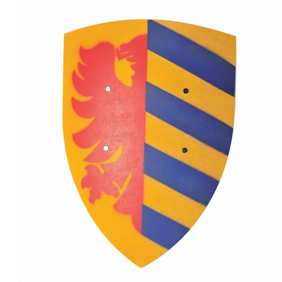 Geel gebogen houten ridder schild met op de linker helft een halve rode heraldische arend en op de rechter helft 5 schuine blauwe strepen afgedrukt.