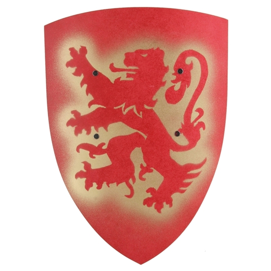 Houten rode gebogen speelgoed schild met afbeelding van een rode heraldische leeuw.