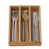 Petit casier en bois contenant des couverts inoxydables jouets: 4 couteaux, 4 fourchettes et 4 cuillers à soupe.