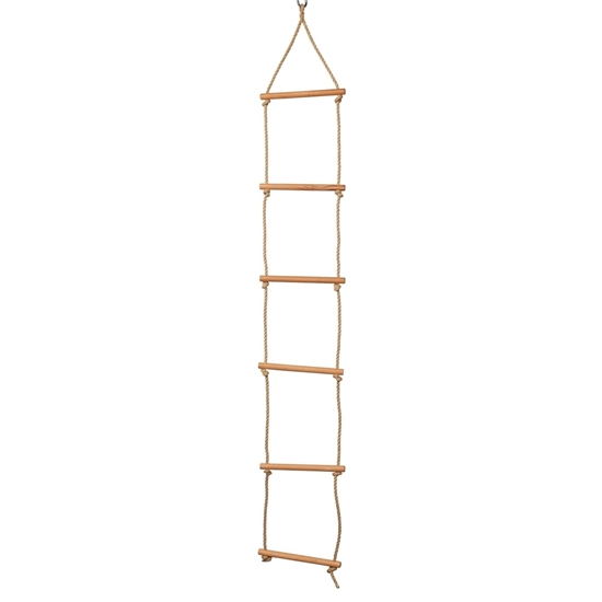 Twee koorden verbonden met 6 houten sporten vormen zo een klimladder .
