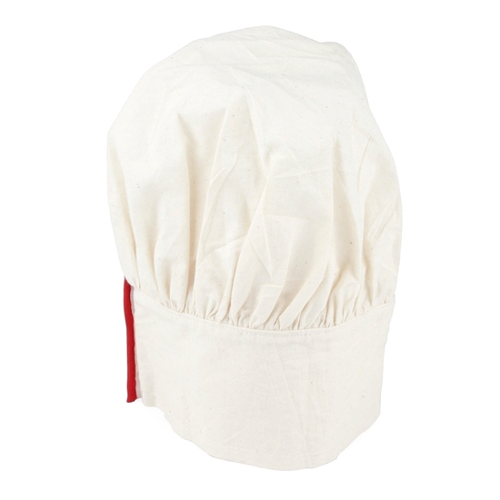 Witte koksmuts voor kind, met regelbare hoofdomtrek afgesloten door een klein rood streepje.