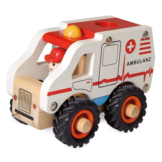 Houten speelgoed ambulance, wit met rood dak, zwarte  rubberen banden, met een bestuurder.