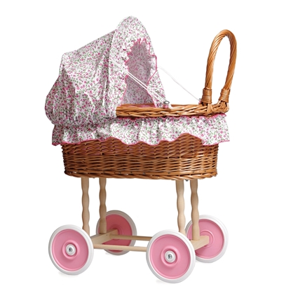 Afbeeldingen van Rieten poppenwagen met roze bloemenbekleding