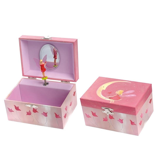 Twee rose kinderjuwelenkistjes, 1 open en 1 gesloten. Van binnen staat een ballerina te dansen op het muziek van de muziekdoos. Op het deksel van het gesloten doosje staat een maan afgebeeld waar een elfje op zit.