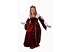 A elegant smiling girl wears a burgundy velvet dress bordered by a golden band. Through the red velvet sleeves you can see white blushed under sleeves, in the style of Renaissance clothing with a burgundy crown on her head.