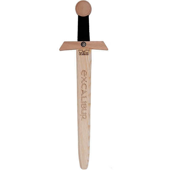 Klein natuuhouten zwaard met heft omwonden met een donkerbruine koord en het woord 'Excalibur' op het blad van het zwaard.
