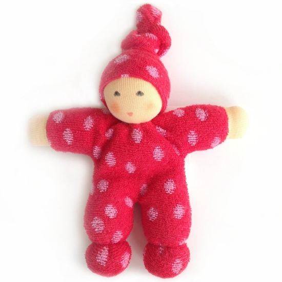 Afbeelding van Knuffelpop voor baby Pimpel rood met roze stippen