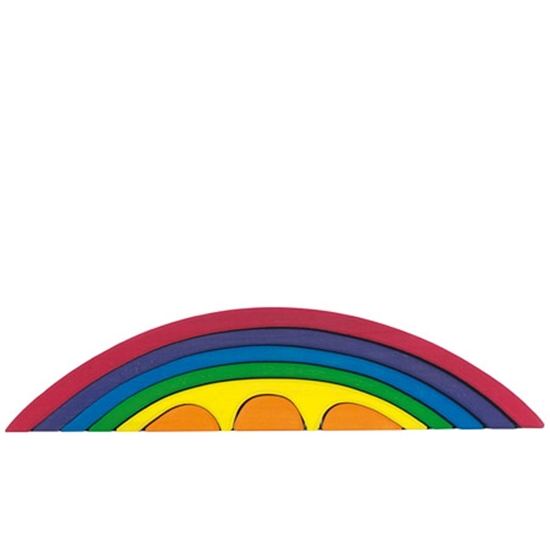 8 houten blokken gemaakt van massief lindehout in de vorm en de kleuren van een regenboog.