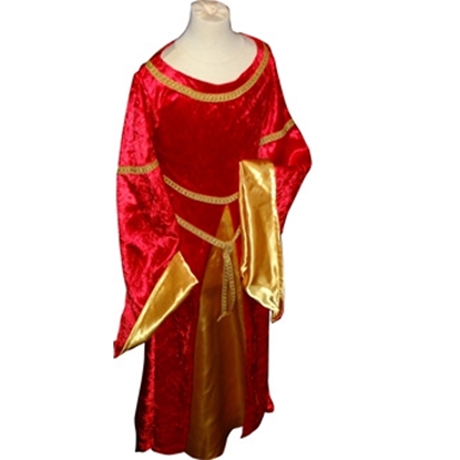 Robe de princesse enfant en velours rouge avec des accent or.