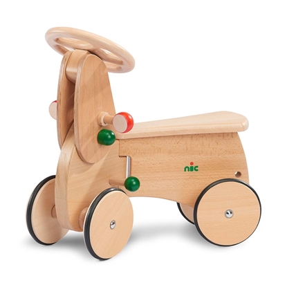 Zeer stabiele loopauto van massief hout op 4 houten wielen bekleed met rubber, met autostuur, claxon en koplampen.