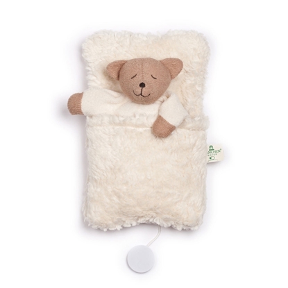 Little bear sleeping in a soft cotton fleece sleeping bag that includes a music box. 