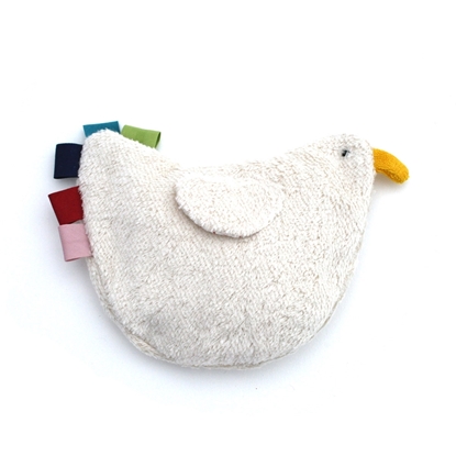 White cotton hen with yellow beak and pink, dark pink, blue, light blue and green tail, spelt heating pad.