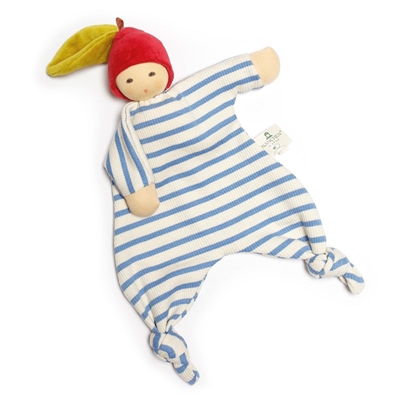 Nanchen blanket doll little apple made of white organic cotton with light blue stripes and red velvet hat with long green leaf on a brown stem, all of soft velvet