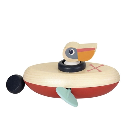 Opwindbaar badspeelgoed kleine pelikaan in een kano, gemaakt van hout.