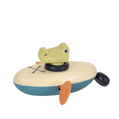 Jouet de bain à remontoir petit crocodile dans un canoë en bois