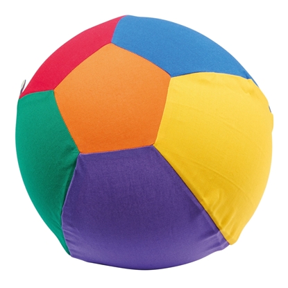 Veelkleurige speelgoed bal peuter, een hoes in zuiver katoen met daarin een opgeblazen ballon.