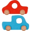 One red wooden little car and one blue wooden little truck to play on the floor road track in felt. 12cm.