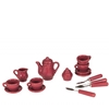 Speelgoed koffieservies in kersenrode porselein: koffiepot, suikerpot, melkkannetje, 4 kopjes, 4 schoteltjes en 4 theelepels.
