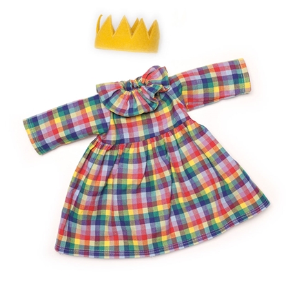 Veelkleurige geruite Nanchen poppenjurk met gele kroon van wolvilt.