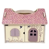 Casa delle bambole per orsi, completamente chiusa, con tetto rosa.