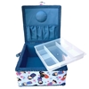 Boîte à couture garnie pour petite fille, bleu, blanc et rouge décorée de petites filles Japonaises (Kokeshi).
