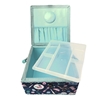 Child's sewing box with accessories in mint green colours open and empty.