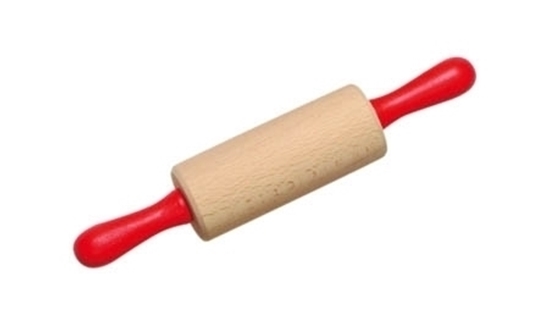 Rouleau à pâtisserie enfant en bois avec axe en acier et manches en bois laqué rouge 24 cm.