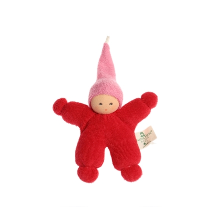 Klein kabouter popje Nanchen Wichtel rood in bio katoen en bio wol
