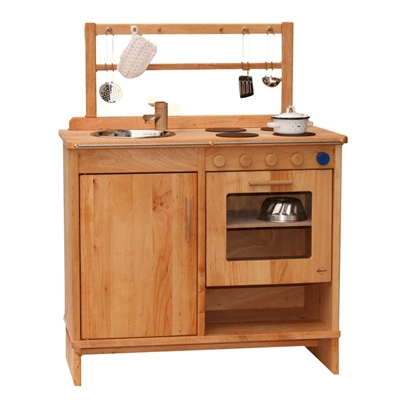 Speelgoed keuken in massief elzenhout met oven, koelkast, gootsteen en ophangrekje.