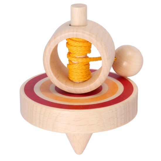 Rode houten tol met geel touw en houten houder.