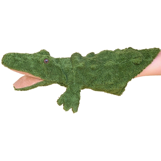 Groene krokodil handpop met open bek geschoven over een hand.